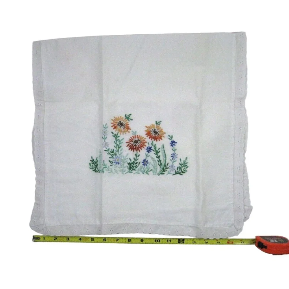 Tea Towel Table Runner Embroidered Dresser Scarf Floral Flower Eyelet Trim Whit